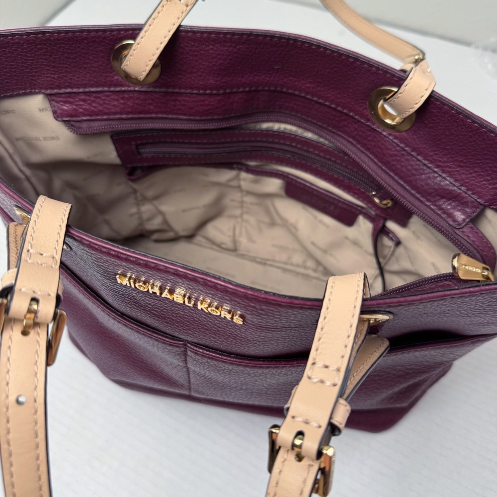 Michael Kors Bedford Pocket Tote Plum Pebble Leather Gold large Bag - Picture 9 of 12